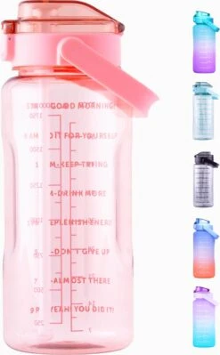 By Bresi - Waterfles 2 Liter Roze Transparant - Gratis Armband - Waterfles Met Rietje - Grote Waterfles - Sportbidon - Twee Liter Waterfles - Sportfles - Sportfles Fitness - Bottle 2 Liter- Drinkfles - Schenkfles - Drinkbus - Armband - Waterflessen