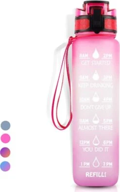LaCardia Motivatie Waterfles Roze Paars - 1 Liter Drinkfles - Waterfles Met Tijdmarkering - Roze + Paars