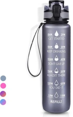 LaCardia Motivatie Waterfles Grijs - 1 Liter Drinkfles - Waterfles Met Tijdmarkering - Grijs