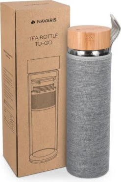 Navaris Glazen Theefles Met Filter - 500 Ml - Waterfles Van Glas - Dubbelwandige Drinkfles - Fles Met Bamboe Dop, Thee Infuser En Hoes -Waterfles Voor Buiten 799x1200 3