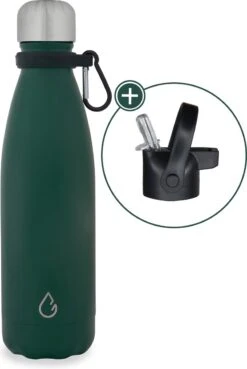 Wattamula Design Eco RVS Drinkfles - Mosgroen - Extra Dop Met Rietje En Carrier - 500 Ml - Waterfles - Thermosfles - Sport