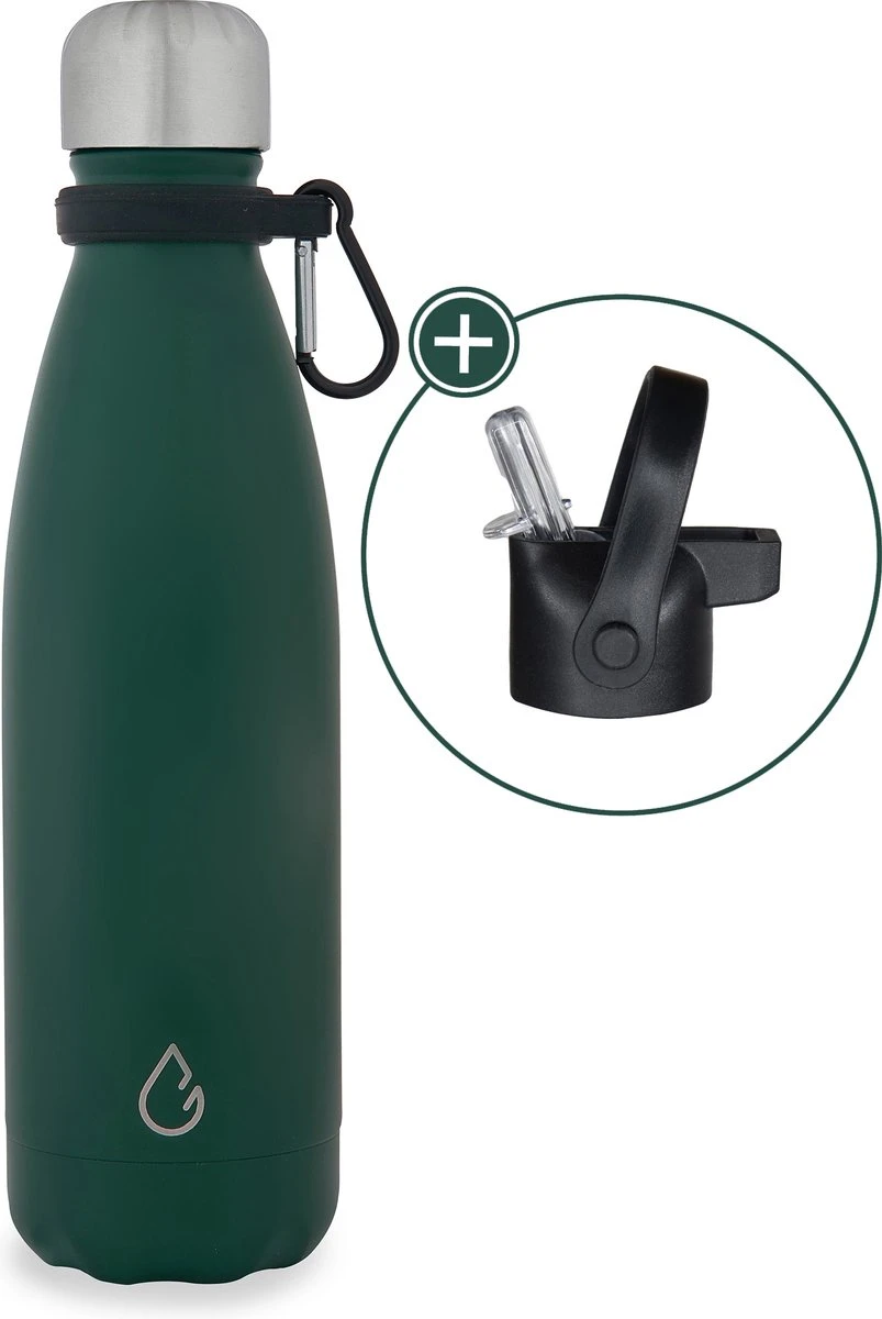 Wattamula Design Eco RVS Drinkfles - Mosgroen - Extra Dop Met Rietje En Carrier - 500 Ml - Waterfles - Thermosfles - Sport 3 Wattamula Design Eco RVS Drinkfles - Mosgroen - Extra Dop Met Rietje En Carrier - 500 Ml - Waterfles - Thermosfles - Sport