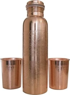 Giftset Koperen Waterfles + 2 Bekers - Geëtst