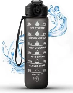 Merkloos Motivatie Waterfles Met Tijdmarkering | Sport Waterfles | Drinkfles Met Rietje | Tritan Waterfles | Lekvrije Sportfles | 1 Liter Waterfles | Motivatie Waterflessen | Motiverende Drinkfles | Drinkflessen | BPA Vrij | Cadeau | Zwart