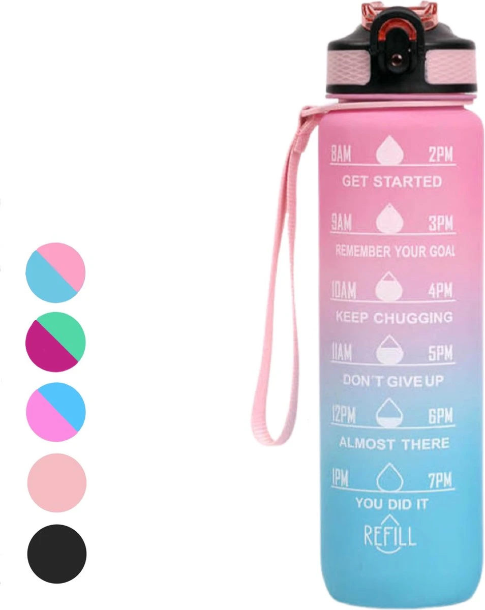 Seniq Motivatie Waterfles - 1 Liter - Drinkfles Met Tijdmarkering - Rietje - Roze Lichtblauw 3 Seniq Motivatie Waterfles - 1 Liter - Drinkfles Met Tijdmarkering - Rietje - Roze Lichtblauw