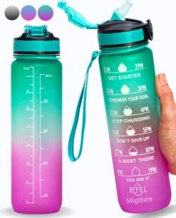 Migliore Drinkfles – Luxe Drinkfles Met Rietje – Waterfles 1 Liter – Water Bottle – Motivatie Waterfles Met Tijdmarkeringen - Ook In 600 Ml En 2 Liter