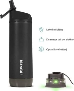 Hidrate Spark Straw Slimme Waterfles - Staal - 620ml - LED Verlichting - Zwart -Waterfles Voor Buiten 983x1200